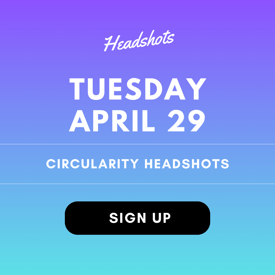 A promotional image for the Circularity Headshots conference with a button that invites the viewer to sign up