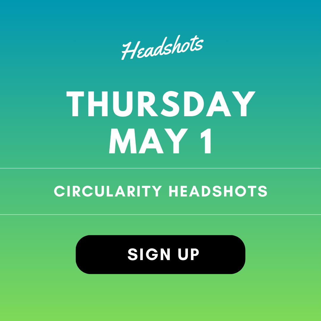 A promotional image for the Circularity Headshots conference with a button that invites the viewer to sign up