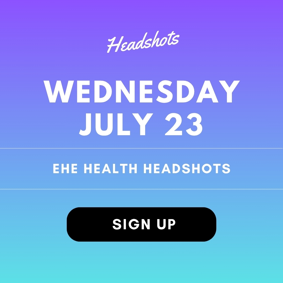 A promotional image for the EHE Health Headshots with a button that invites the viewer to sign up