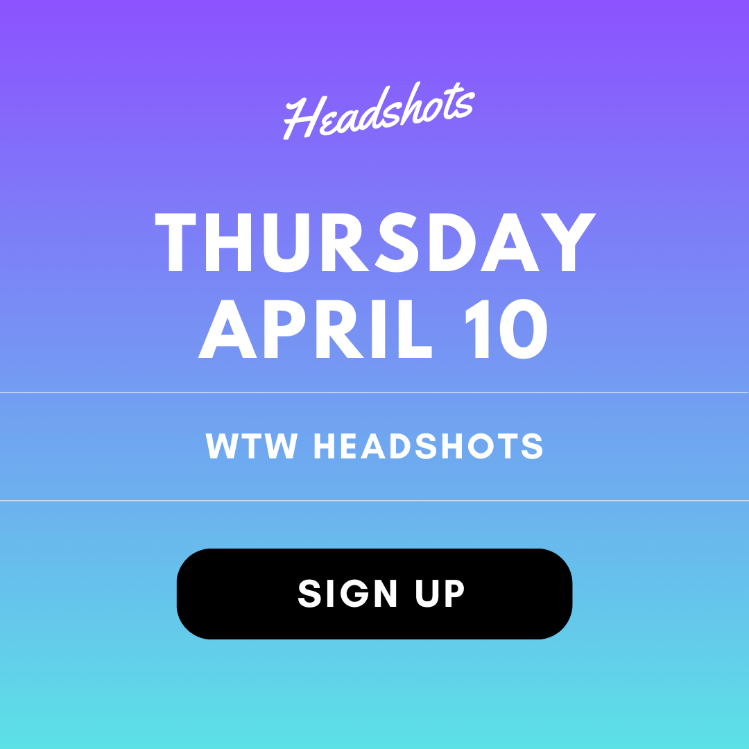 A promotional image for the WTW Headshots conference with a button that invites the viewer to sign up