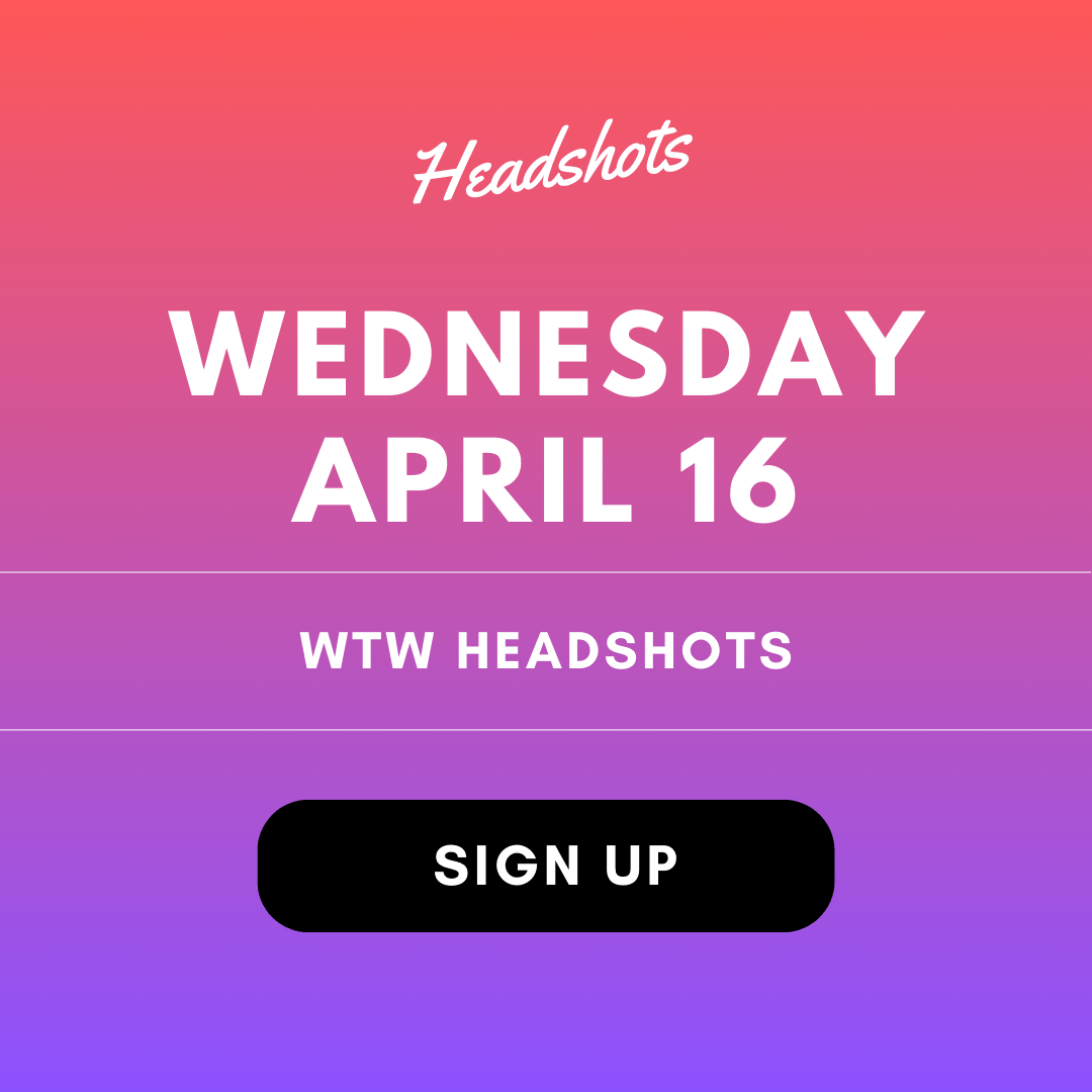 A promotional image for the WTW Headshots conference with a button that invites the viewer to sign up