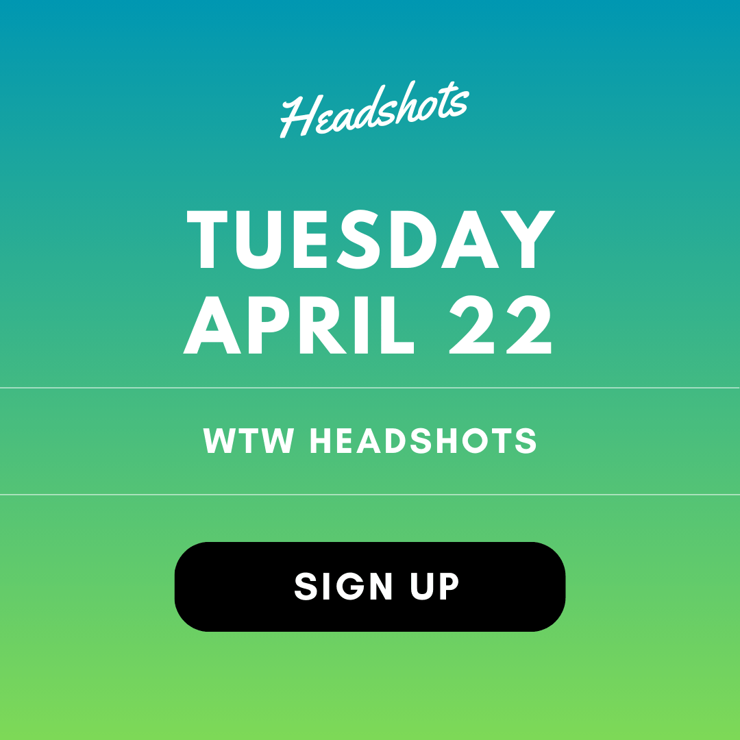 A promotional image for the WTW Headshots conference with a button that invites the viewer to sign up