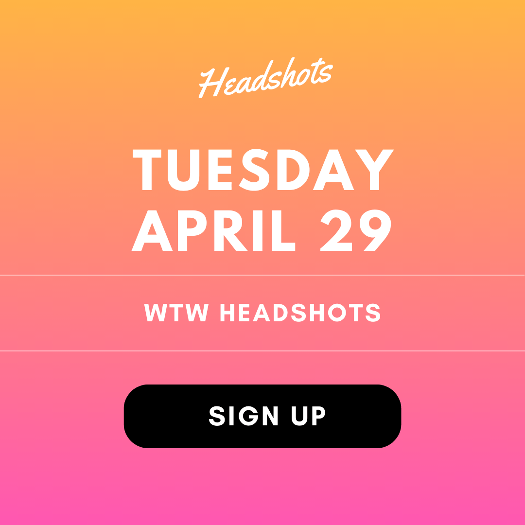 A promotional image for the WTW Headshots conference with a button that invites the viewer to sign up